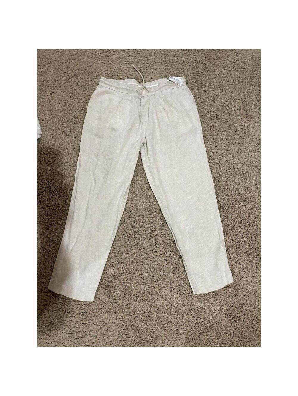 Women's ZARA 35% cotton / 65% polyester beige cropped pants L LARGE relaxed